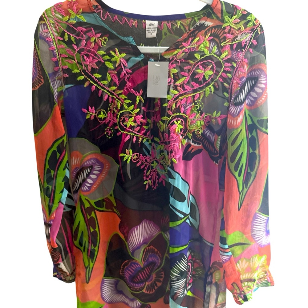 Ray NWT‎ Women’s Swim Silk Coverup Size Small Brightly Colored Floral Embroidery